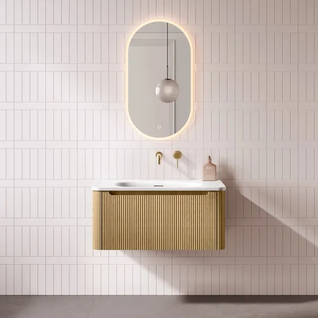 Sorrento Fluted Country Oak Wall Hung Drawer Vanity with Matt White Basin 800mm