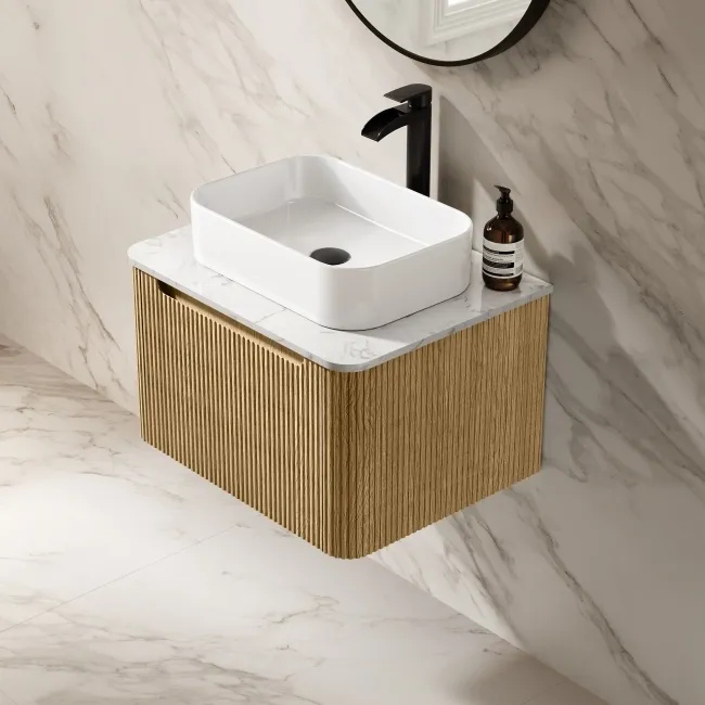 Sorrento Fluted Country Oak Wall Hung Drawer Vanity with Marble Top & Marin Basin 600mm