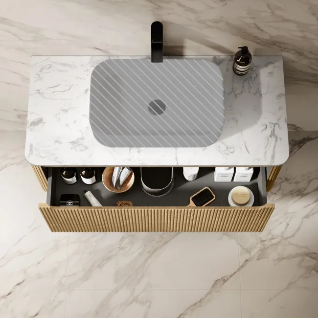 Sorrento Fluted Country Oak Wall Hung Drawer Vanity with Marble Top 1000mm - Excludes Counter Top Basin