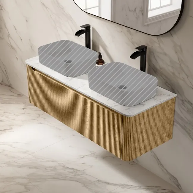 Sorrento Fluted Country Oak Double Wall Hung Drawer Vanity with Marble Top 1200mm - Excludes Counter Top Basin