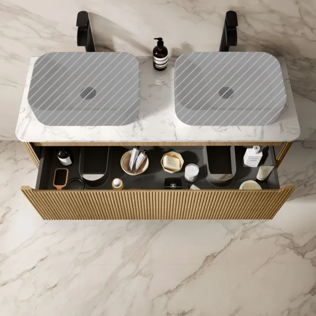 Sorrento Fluted Country Oak Double Wall Hung Drawer Vanity with Marble Top 1200mm - Excludes Counter Top Basin