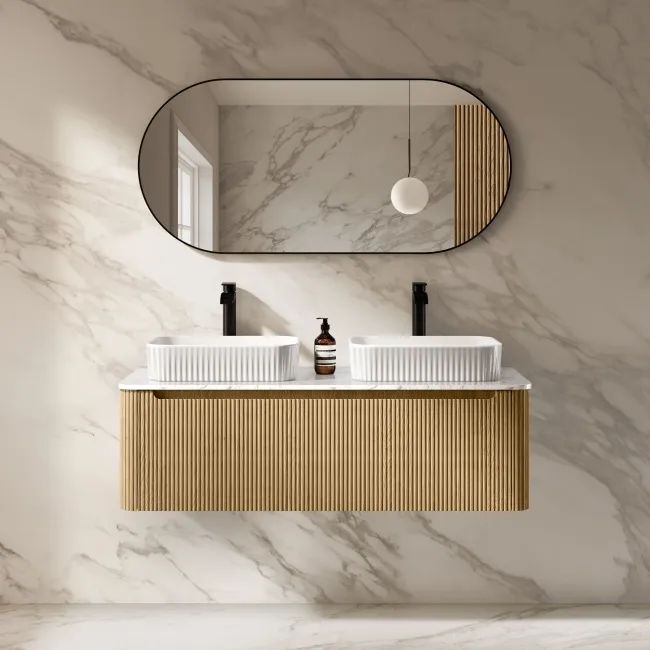 Sorrento Fluted Country Oak Double Wall Hung Drawer Vanity with Marble Top & Reno Basin 1200mm