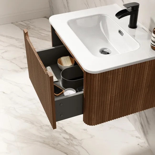 Sorrento Fluted Black Walnut Wall Hung Basin Drawer Vanity 600mm