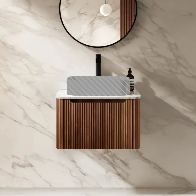 Sorrento Fluted Black Walnut Wall Hung Drawer Vanity with Marble Top 600mm - Excludes Counter Top Basin