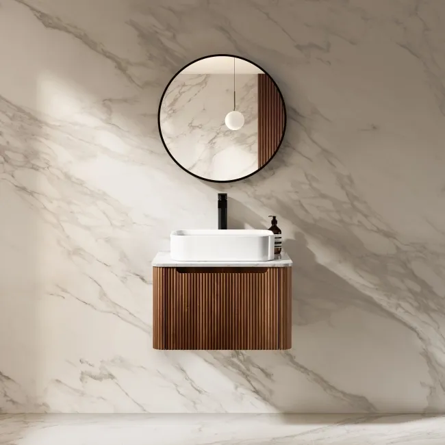 Sorrento Fluted Black Walnut Wall Hung Drawer Vanity with Marble Top & Marin Basin 600mm