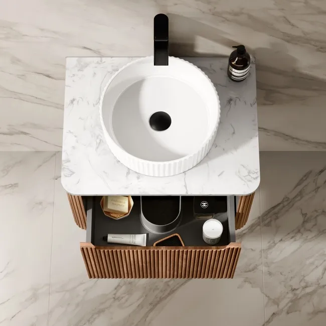 Sorrento Fluted Black Walnut Wall Hung Drawer Vanity with Marble Top & Nevis Basin 600mm