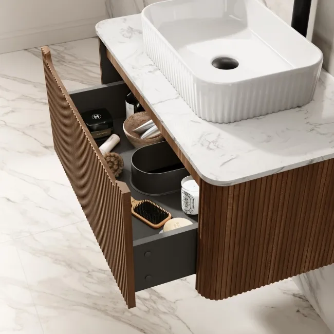 Sorrento Fluted Black Walnut Wall Hung Drawer Vanity with Marble Top & Reno Basin 800mm