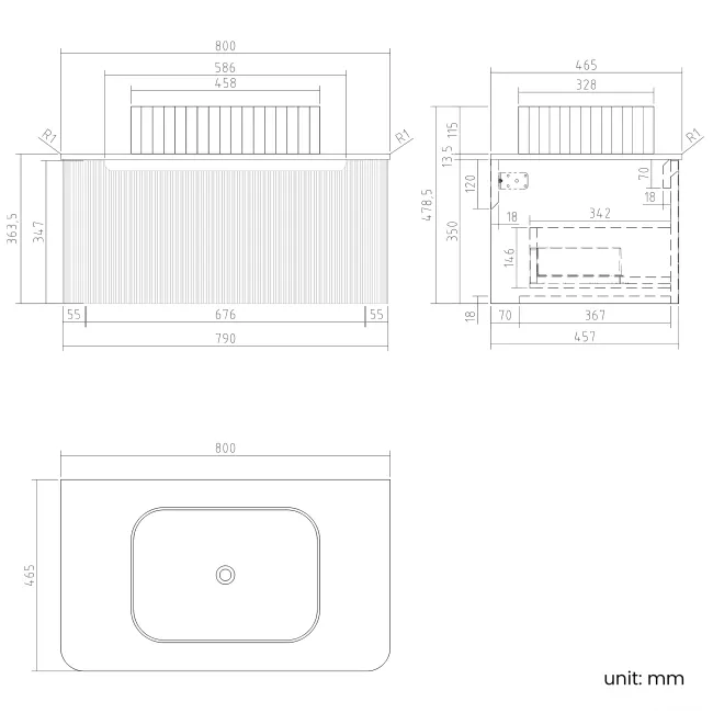 Sorrento Fluted Black Walnut Wall Hung Drawer Vanity with Marble Top & Reno Basin 800mm