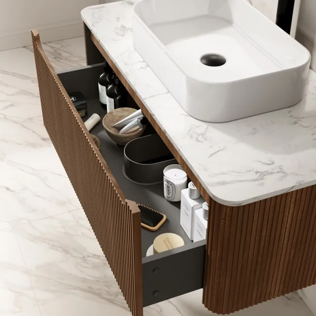 Sorrento Fluted Black Walnut Wall Hung Drawer Vanity with Marble Top & Marin Basin 1000mm