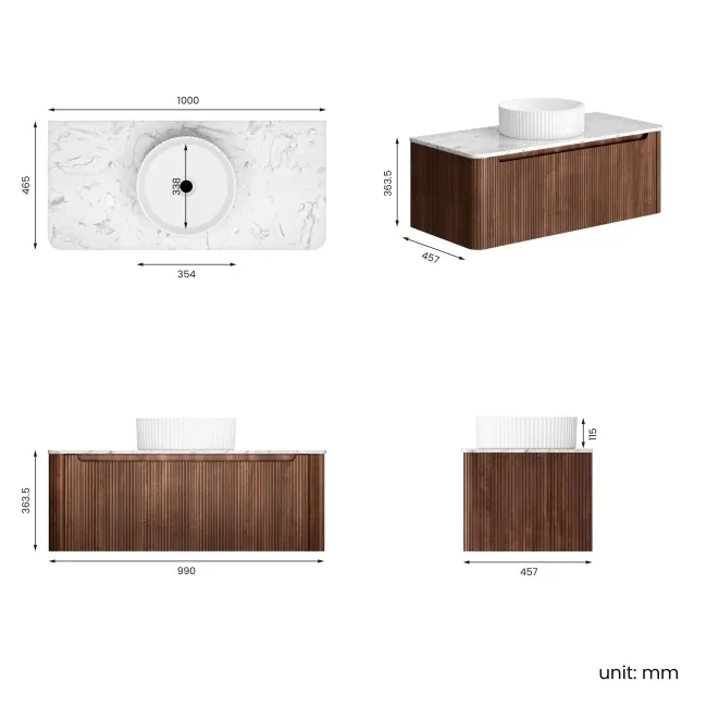 Sorrento Fluted Black Walnut Wall Hung Drawer Vanity with Marble Top & Nevis Basin 1000mm