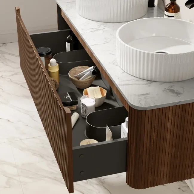 Sorrento Fluted Black Walnut Double Wall Hung Drawer Vanity with Marble Top & Nevis Basin 1200mm