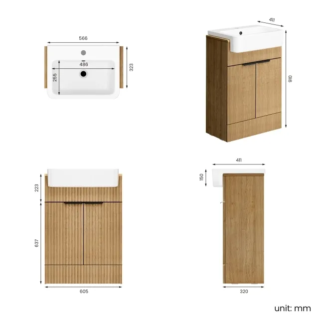 Sicily Fluted Country Oak Vanity with Semi Recessed Basin 600mm - Black Accents