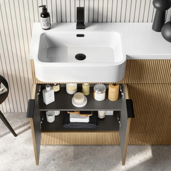 Sicily Fluted Country Oak Combination Vanity Basin and Utah Comfort Height Toilet 1200mm - Black Accents - Left Handed