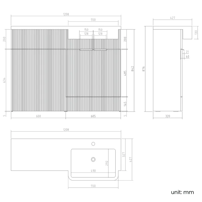 Sicily Fluted Country Oak Basin Vanity and Back To Wall Toilet Unit 1200mm (Excludes Toilet) - Black Accents - Right Handed