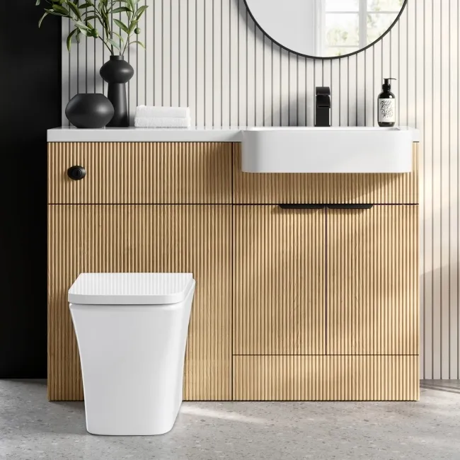 Sicily Fluted Country Oak Combination Vanity Basin and Houston Toilet 1200mm - Black Accents - Right Handed