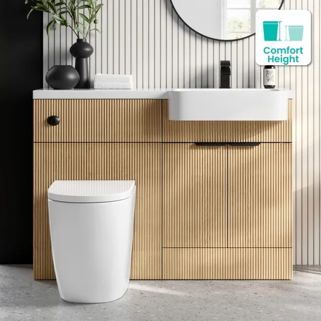Sicily Fluted Country Oak Combination Vanity Basin and Utah Comfort Height Toilet 1200mm - Black Accents - Right Handed