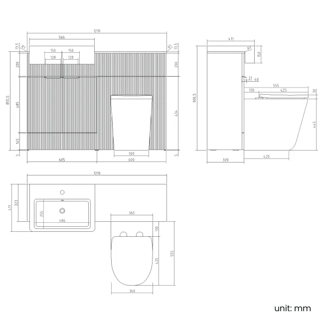 Sicily Fluted Country Oak Combination Vanity Basin with Marble Top & Utah Comfort Height Toilet 1200mm - Black Accents