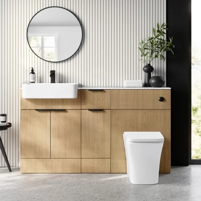 Sicily Fluted Country Oak Combination Vanity Basin with Marble Top & Houston Toilet 1500mm - Black Accents