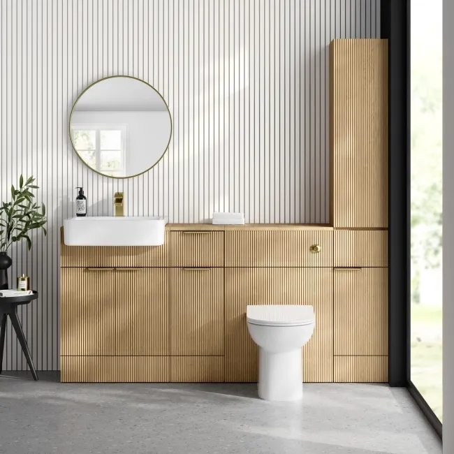 Sicily Fluted Country Oak Floor Standing Tall Cabinet Unit 1900x300mm - Brushed Brass Accents