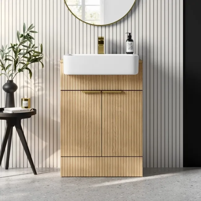 Sicily Fluted Country Oak Vanity with Semi Recessed Basin 600mm - Brushed Brass Accents