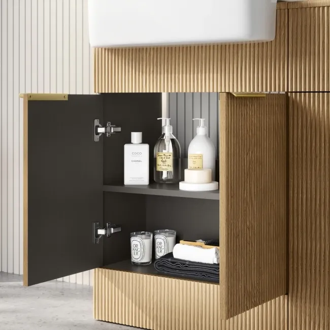 Sicily Fluted Country Oak Basin Vanity and Back To Wall Toilet Unit 1200mm (Excludes Toilet) - Brushed Brass Accents