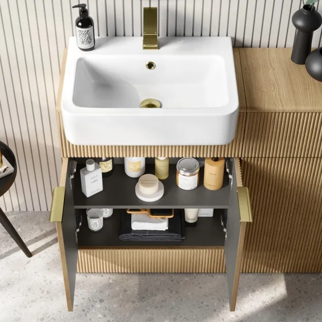 Sicily Fluted Country Oak Basin Vanity and Back To Wall Toilet Unit 1200mm (Excludes Toilet) - Brushed Brass Accents