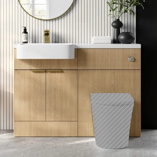 Sicily Fluted Country Oak Basin Vanity and Back To Wall Toilet Unit 1200mm (Excludes Toilet) - Brushed Brass Accents - Left Handed
