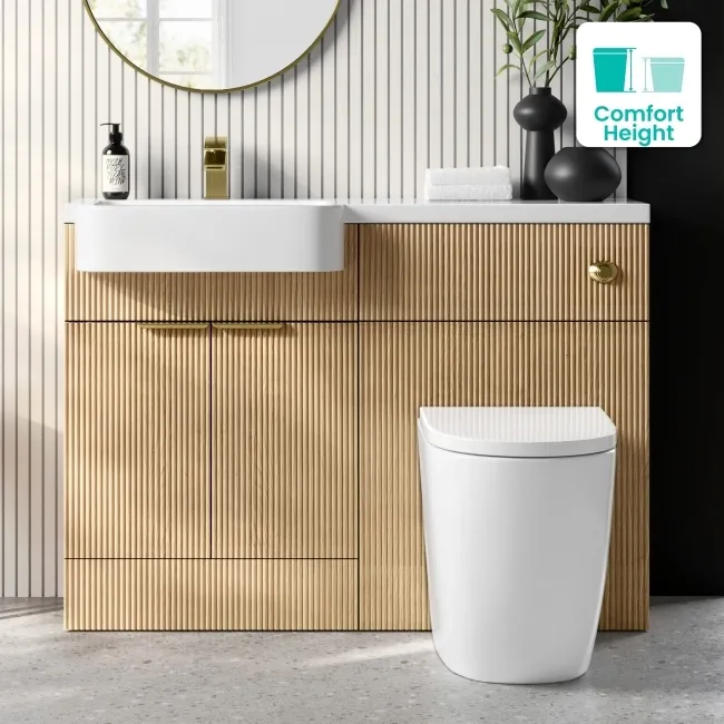 Sicily Fluted Country Oak Combination Vanity Basin and Utah Comfort Height Toilet 1200mm - Brushed Brass Accents - Left Handed