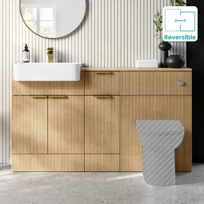 Sicily Fluted Country Oak Combination Vanity Basin 1500mm (Excludes Toilet) - Brushed Brass Accents