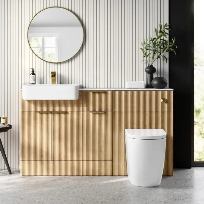 Sicily Fluted Country Oak Combination Vanity Basin with Marble Top & Utah Comfort Height Toilet 1500mm - Brushed Brass Accents