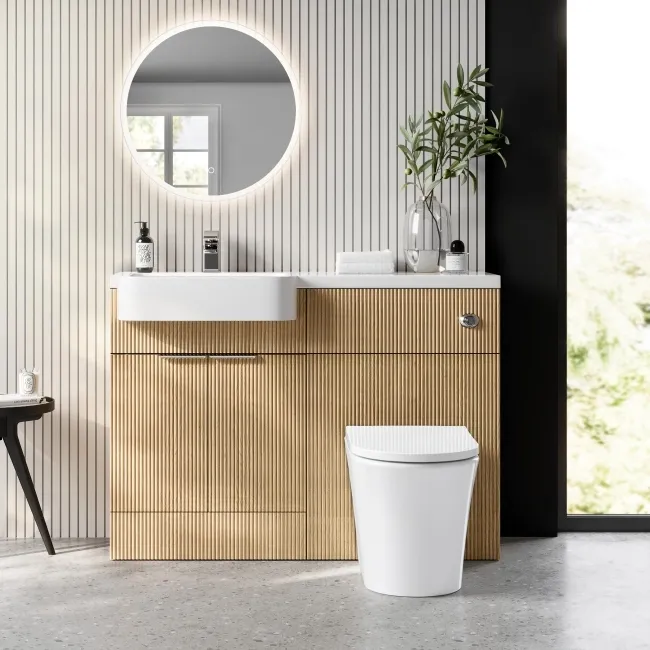 Sicily Fluted Country Oak Combination Vanity Basin and Tucson Toilet 1200mm - Chrome Handles - Left Handed