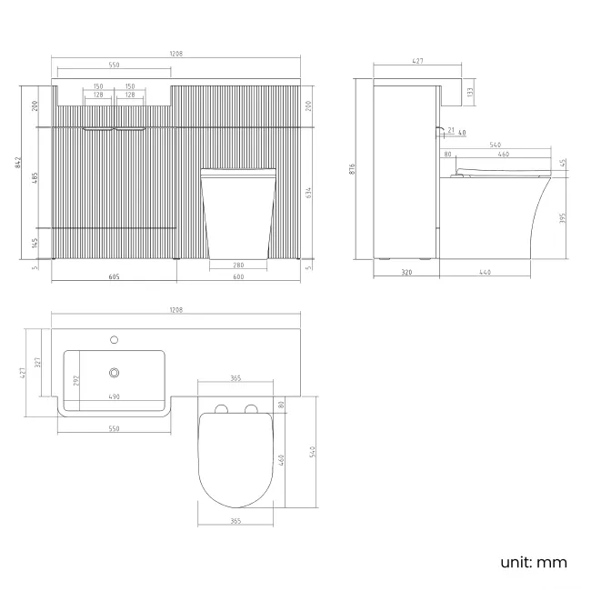 Sicily Fluted Country Oak Combination Vanity Basin and Tucson Toilet 1200mm - Chrome Handles - Left Handed