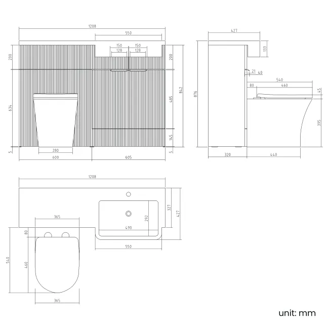 Sicily Fluted Country Oak Combination Vanity Basin and Tucson Toilet 1200mm - Chrome Handles - Right Handed