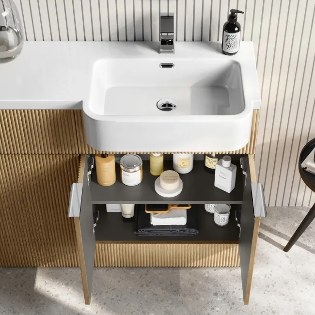 Sicily Fluted Country Oak Combination Vanity Basin and Utah Comfort Height Toilet 1200mm - Chrome Handles - Right Handed