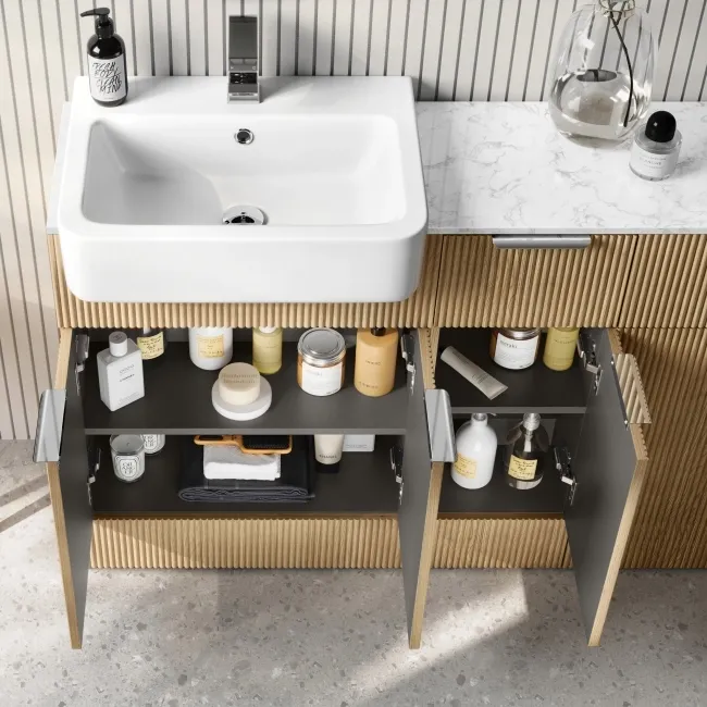 Sicily Fluted Country Oak Combination Vanity Basin with Marble Top 1500mm (Excludes Toilet) - Chrome Handles