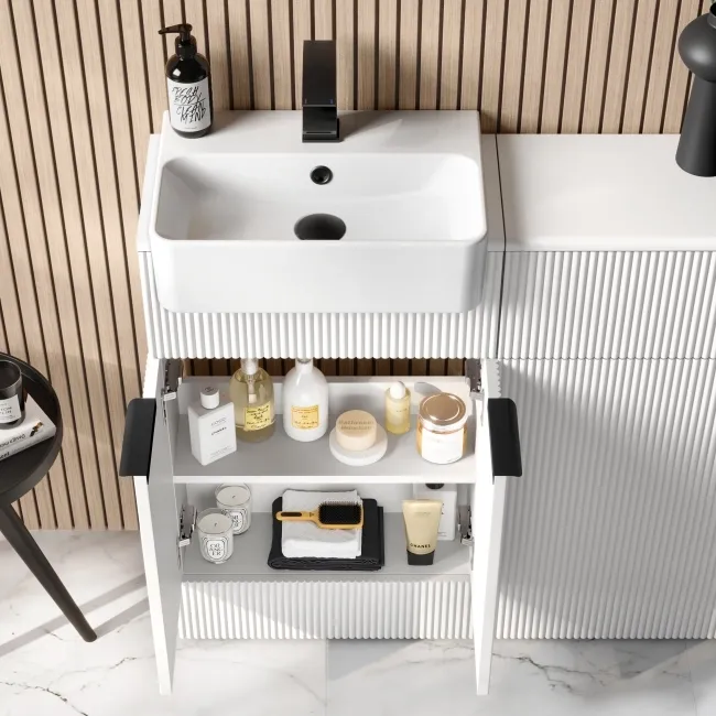 Sicily Fluted Coastal White Combination Vanity Basin and Aruba Toilet 1000mm - Black Accents