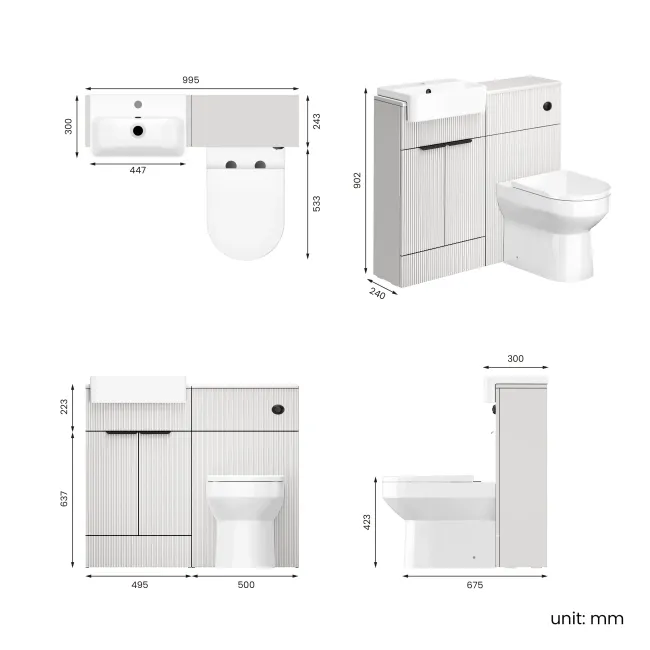 Sicily Fluted Coastal White Combination Vanity Basin and Miami Toilet 1000mm - Black Accents