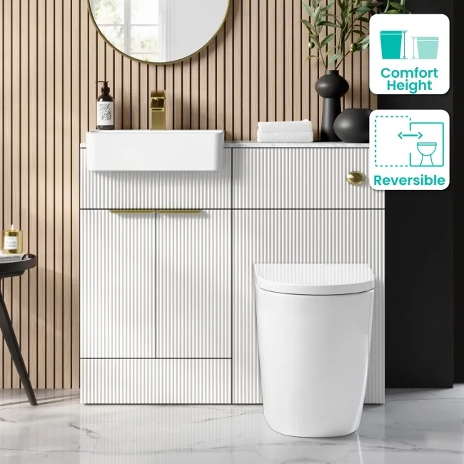 Sicily Fluted Coastal White Combination Vanity Basin with Marble Top & Utah Comfort Height Toilet 1000mm - Brushed Brass Accents