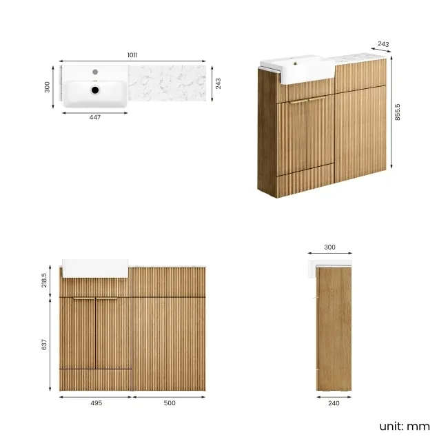 Sicily Fluted Country Oak Basin Vanity with Marble Top & Back To Wall Unit 1000mm (Excludes Toilet) - Brushed Brass Accents