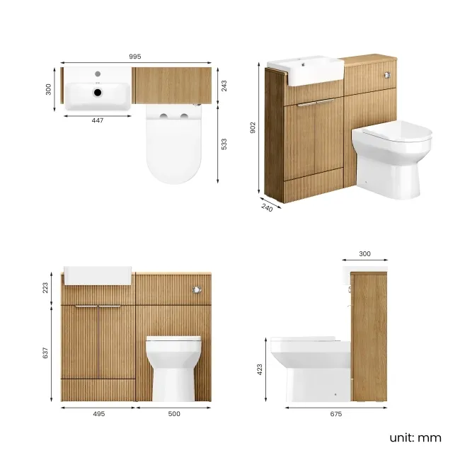 Sicily Fluted Country Oak Combination Vanity Basin and Miami Toilet 1000mm - Chrome Handles