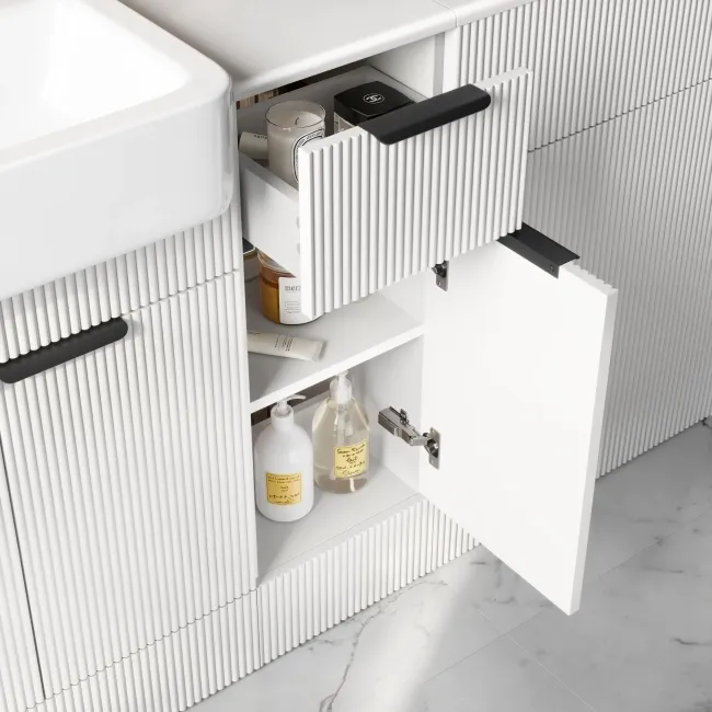 Sicily Fluted Coastal White Side Cabinet Unit 300mm - Black Accents