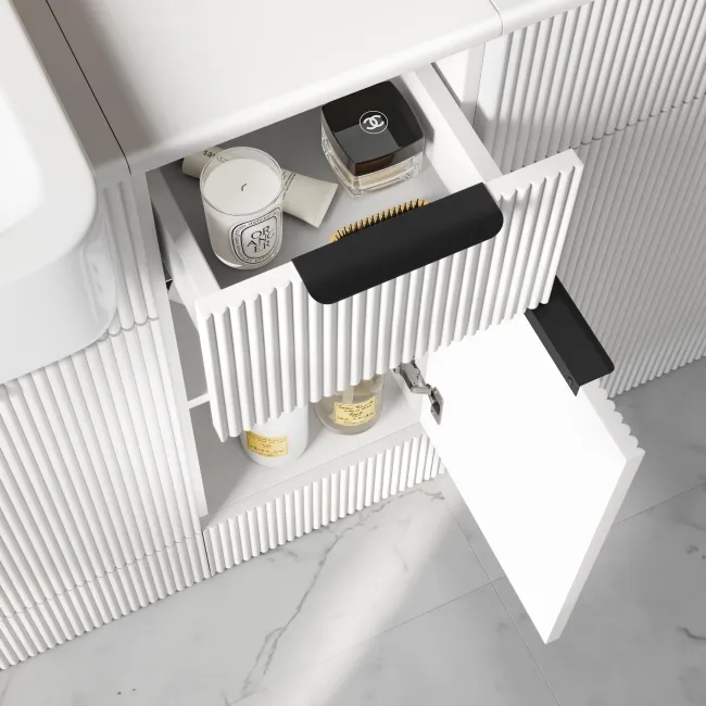 Sicily Fluted Coastal White Side Cabinet Unit 300mm - Black Accents