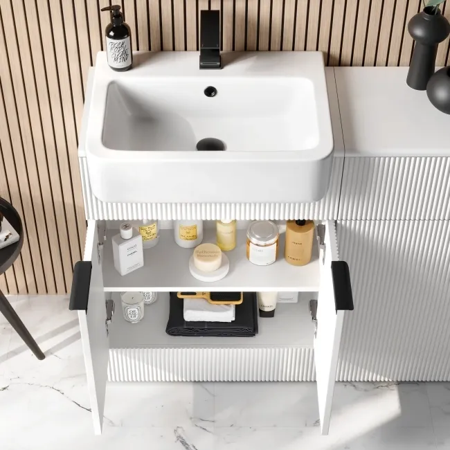 Sicily Fluted Coastal White Vanity with Semi Recessed Basin 600mm - Black Accents