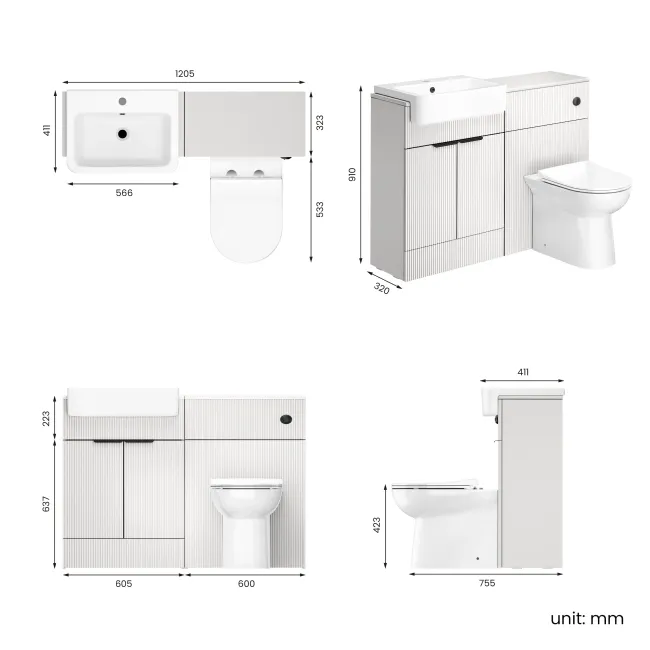 Sicily Fluted Coastal White Combination Vanity Basin and Aruba Toilet 1200mm - Black Accents
