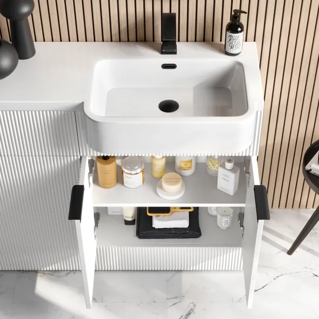 Sicily Fluted Coastal White Combination Vanity Basin and Tucson Toilet 1200mm - Black Accents - Right Handed