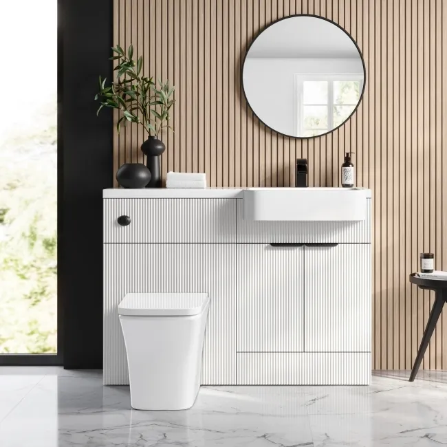 Sicily Fluted Coastal White Combination Vanity Basin and Houston Toilet 1200mm - Black Accents - Right Handed