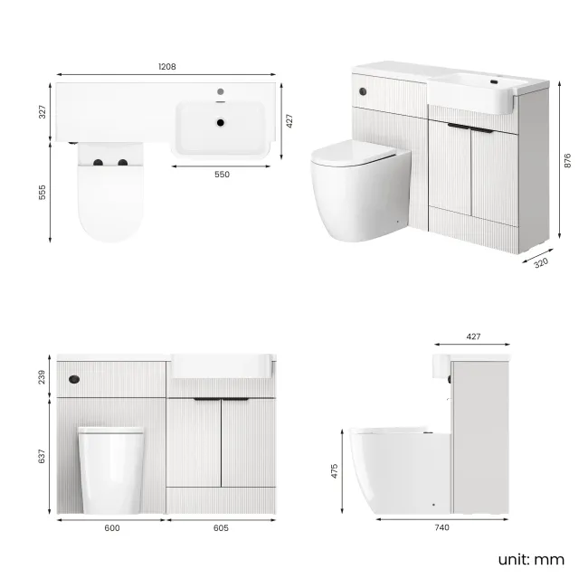 Sicily Fluted Coastal White Combination Vanity Basin and Utah Comfort Height Toilet 1200mm - Black Accents - Right Handed