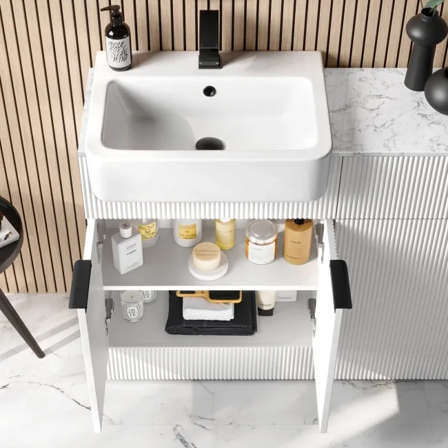 Sicily Fluted Coastal White Combination Vanity Basin with Marble Top & Houston Toilet 1200mm - Black Accents