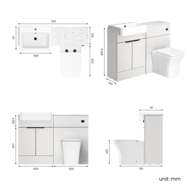 Sicily Fluted Coastal White Combination Vanity Basin with Marble Top & Houston Toilet 1200mm - Black Accents