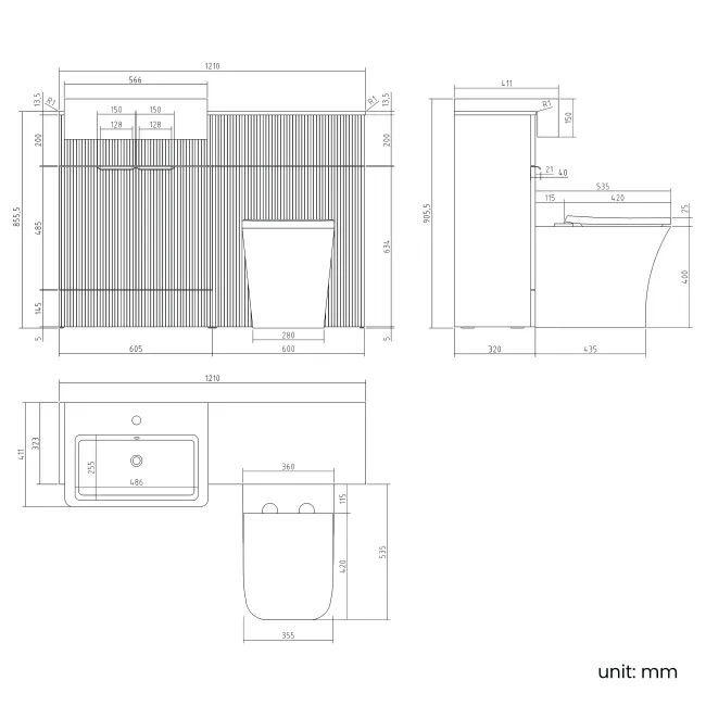 Sicily Fluted Coastal White Combination Vanity Basin with Marble Top & Houston Toilet 1200mm - Black Accents